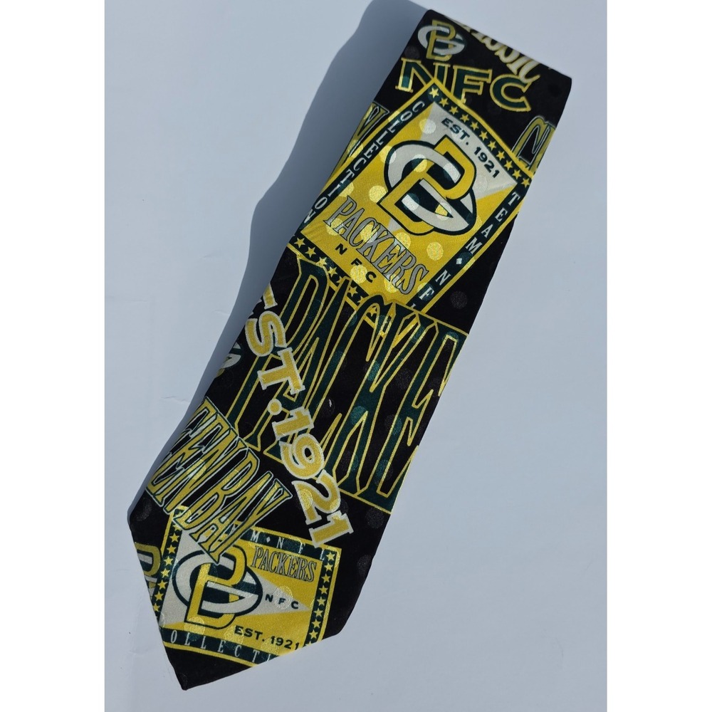 RM Sport Necktie Mens OS Black Green Bay Packers Silk Collage Print Vintage 1993
